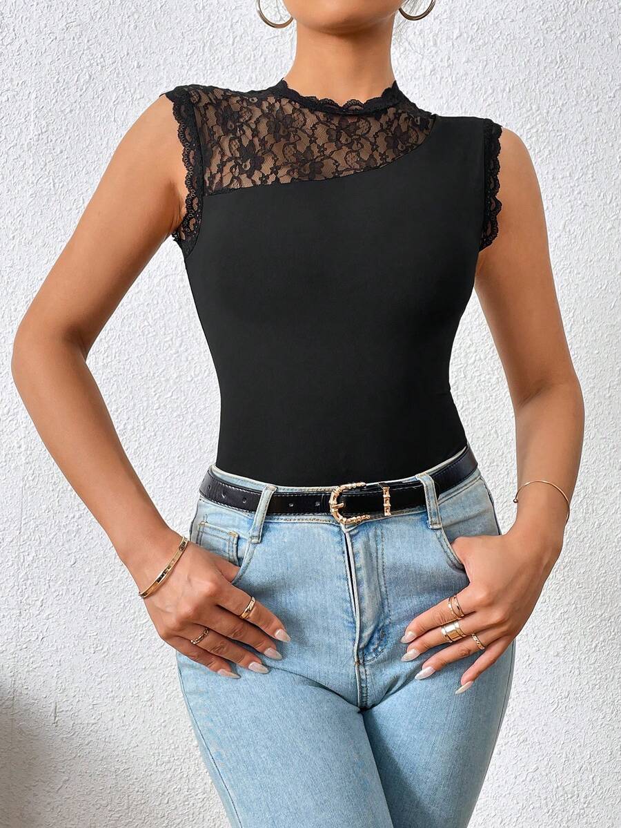 SHEIN Privé Contrast Lace Mock Neck Bodysuit - Black - View 1