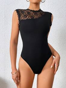 SHEIN Privé Contrast Lace Mock Neck Bodysuit - Black - View 3