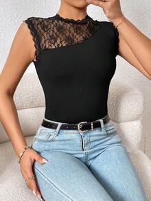 SHEIN Privé Contrast Lace Mock Neck Bodysuit - Black - View 4