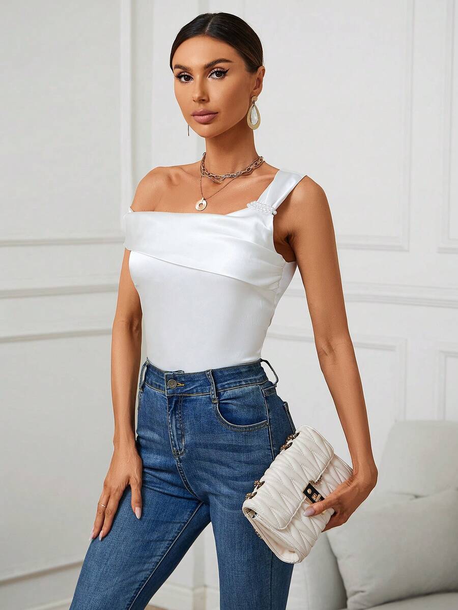 SHEIN Privé 素色珍珠串珠不對稱領襯衫 - 白色 - 查看 1