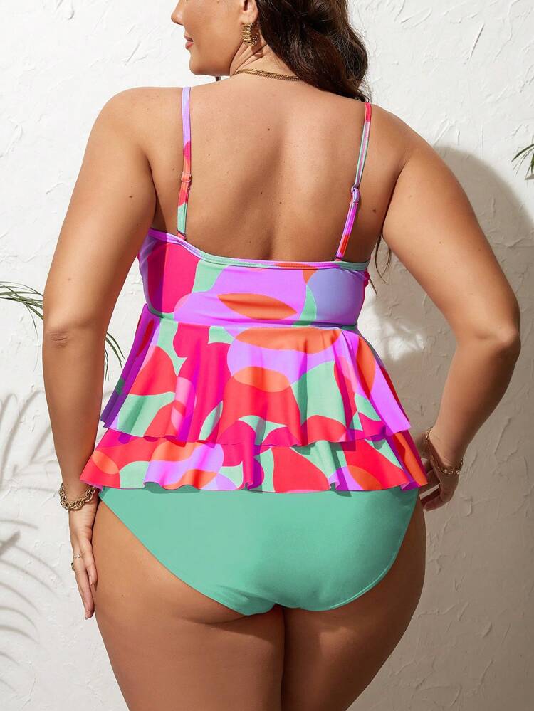 Plus Size Allover Print Ruffle Hem Tankini Summer Beach