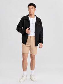 Manfinity RebelGame 宽松版型男式标语贴布抽绳连帽夹克，适合秋冬 - 黑色 - 查看 5