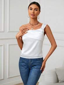 SHEIN Privé 素色珍珠串珠不對稱領襯衫 - 白色 - 查看 6