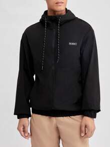 Manfinity RebelGame 宽松版型男式标语贴布抽绳连帽夹克，适合秋冬 - 黑色 - 查看 6