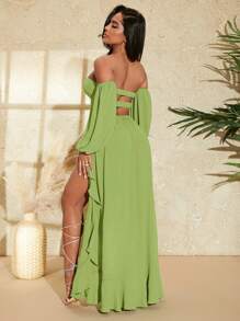 SHEIN SXY Đầm Bất đối xứng Lộ Lưng Cắt ra Viên lá sen Tách cao Nhẫn màu trơn Gợi cảm - Màu xanh chanh - Xem 2