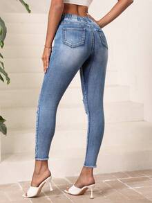 SHEIN Essnce 腰部抽繩破洞毛邊緊身牛仔褲 - 中等水洗藍 - 查看 2