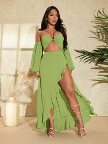 SHEIN SXY Đầm Bất đối xứng Lộ Lưng Cắt ra Viên lá sen Tách cao Nhẫn màu trơn Gợi cảm - Màu xanh chanh - Xem 4