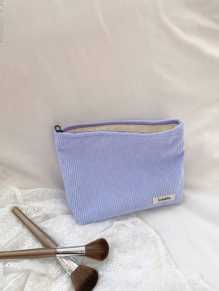 灯芯绒旅行化妆包便携式化妆品收纳包大容量拉链化妆包化妆品组织者化妆袋化妆品袋化妆品袋洗漱包浴室大学宿舍女孩 - 藍色 - 查看 1