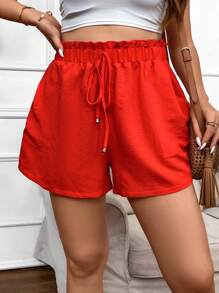 Calvaya Plus Paperbag Waist Knot Front Shorts - Orange - View 6