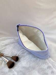 灯芯绒旅行化妆包便携式化妆品收纳包大容量拉链化妆包化妆品组织者化妆袋化妆品袋化妆品袋洗漱包浴室大学宿舍女孩 - 藍色 - 查看 3