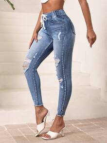 SHEIN Essnce 腰部抽繩破洞毛邊緊身牛仔褲 - 中等水洗藍 - 查看 6