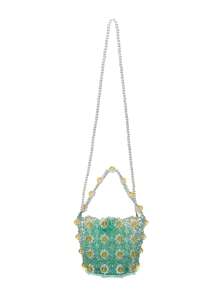 Hollow Out Design Clear Beaded Bucket Handbag Faux Pearl Daisy Flower Decor With Detachable Shoulder Strap - Green - View 2