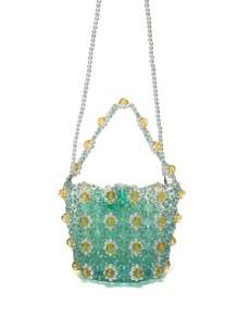 Hollow Out Design Clear Beaded Bucket Handbag Faux Pearl Daisy Flower Decor With Detachable Shoulder Strap - Green - View 3