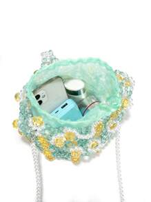 Hollow Out Design Clear Beaded Bucket Handbag Faux Pearl Daisy Flower Decor With Detachable Shoulder Strap - Green - View 6