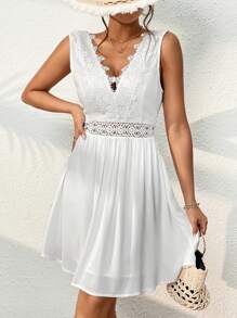 SHEIN VCAY Guipure Lace Panel A-line Dress - White - View 4