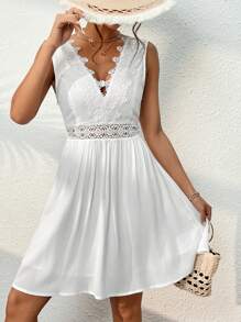 SHEIN VCAY Guipure Lace Panel A-line Dress - White - View 1