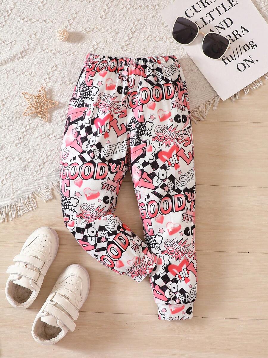 Toddler Girls Letter & Cartoon Graphic Trousers - Multicolor - View 1