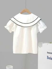Teen Girl Floral Patched Statement Collar Flounce Sleeve Blouse - White - View 2
