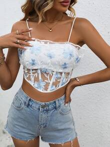 SHEIN Privé Top de tirantes con bordado floral de malla - Blanco - Ver 6