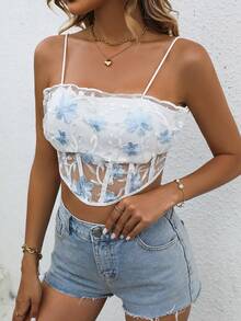 SHEIN Privé Top de tirantes con bordado floral de malla - Blanco - Ver 7