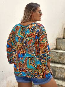 SHEIN VCAY 大碼曼陀羅印花喇叭袖下擺打結襯衫 - 彩色 - 查看 2