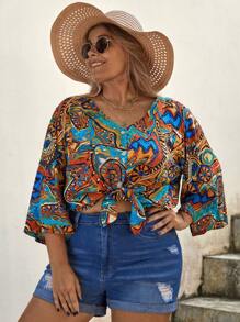 SHEIN VCAY 大碼曼陀羅印花喇叭袖下擺打結襯衫 - 彩色 - 查看 5