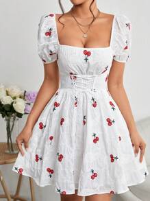 SHEIN PETITE Paisley and Cherry Embroidery Lace Up Front Puff Sleeve Dress - White - View 1