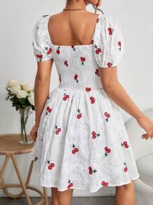 SHEIN PETITE Paisley and Cherry Embroidery Lace Up Front Puff Sleeve Dress - White - View 2