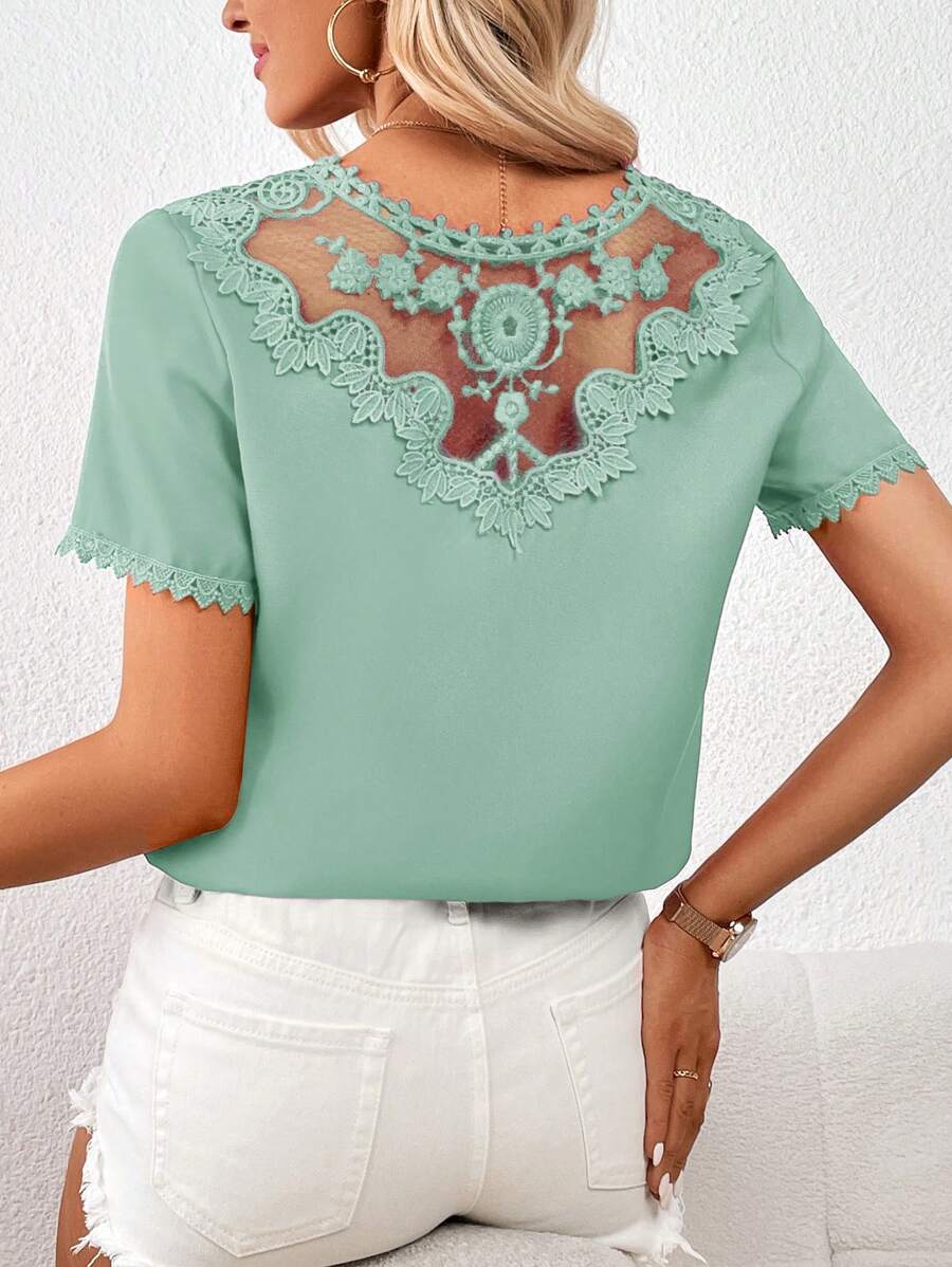 SHEIN Privé 刺繡網紗拼接襯衫