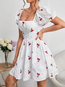SHEIN PETITE Paisley and Cherry Embroidery Lace Up Front Puff Sleeve Dress - White - View 4