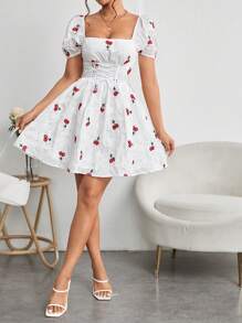SHEIN PETITE Paisley and Cherry Embroidery Lace Up Front Puff Sleeve Dress - White - View 5
