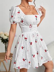 SHEIN PETITE Paisley and Cherry Embroidery Lace Up Front Puff Sleeve Dress - White - View 6