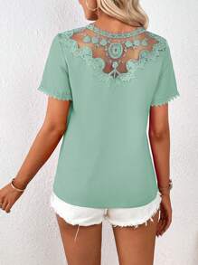 SHEIN Privé 刺繡網紗拼接襯衫 - 薄荷綠 - 查看 7