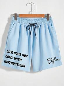 Manfinity Homme Men Plus Slogan Graphic Drawstring Waist Shorts - Baby Blue - View 4