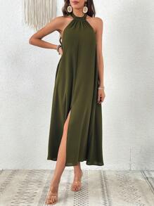 SHEIN VCAY 素色高衩繞頸露背連衣裙 - 軍綠色 - 查看 3