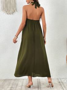 SHEIN VCAY 素色高衩繞頸露背連衣裙 - 軍綠色 - 查看 2