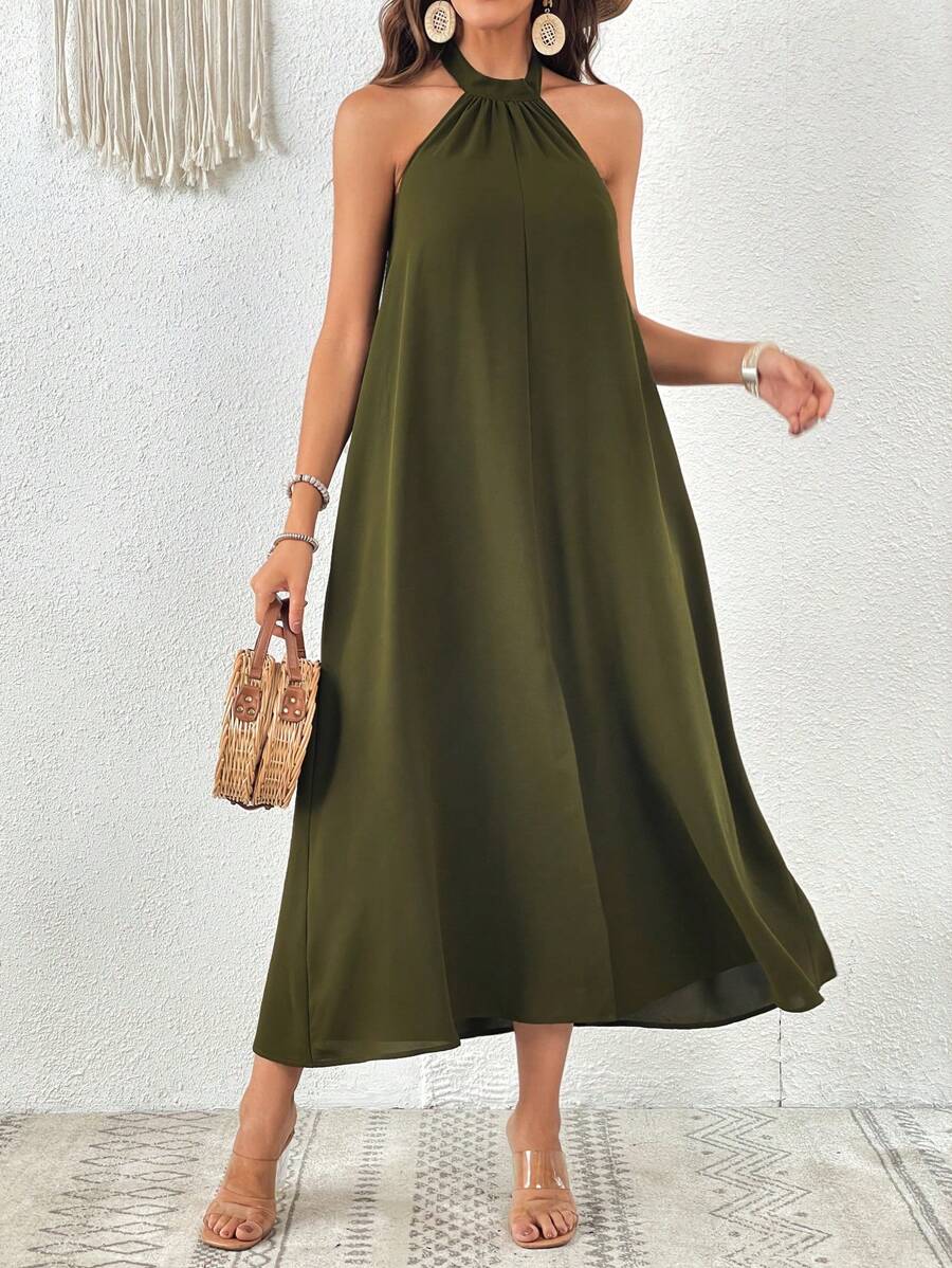SHEIN VCAY 素色高衩繞頸露背連衣裙 - 軍綠色 - 查看 1