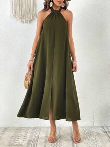 SHEIN VCAY 素色高衩繞頸露背連衣裙 - 軍綠色 - 查看 4