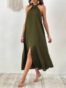SHEIN VCAY 素色高衩繞頸露背連衣裙 - 軍綠色 - 查看 6