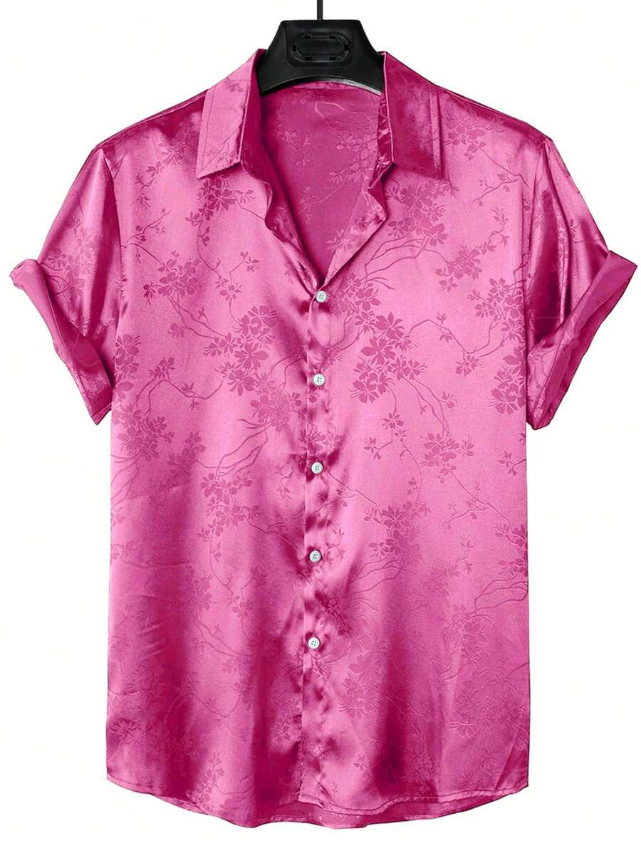 Manfinity Homme 男士花卉圖案提花緞面襯衫 - 玫紅色 - 查看 1