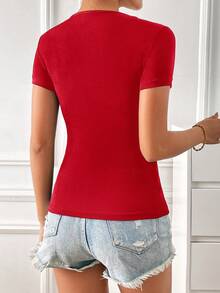 SHEIN Essnce Round Neck Contrast Mesh Tee - Red - View 2