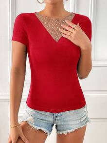 SHEIN Essnce Round Neck Contrast Mesh Tee - Red - View 6