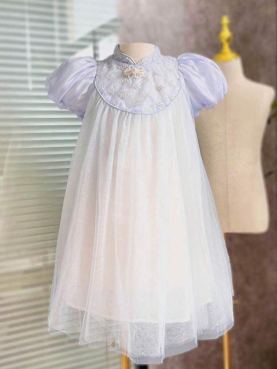 Teen Girls Puff Sleeve Mesh Overlay Dress