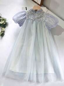 Teen Girls Puff Sleeve Mesh Overlay Dress