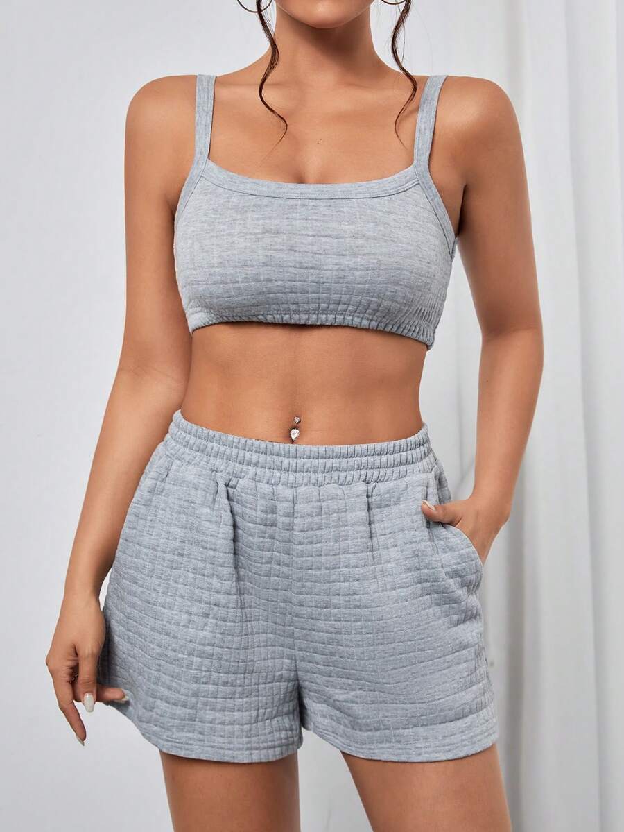 SHEIN PETITE 素色吊帶短上衣和短褲 - 淺灰色 - 查看 1