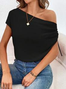 SHEIN Privé Áo sơ mi nữ Bất đối xứng Xù Dây kéo màu trơn Giải trí - màu đen - Xem 5