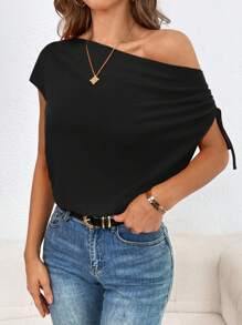 SHEIN Privé Áo sơ mi nữ Bất đối xứng Xù Dây kéo màu trơn Giải trí - màu đen - Xem 3