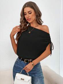 SHEIN Privé Áo sơ mi nữ Bất đối xứng Xù Dây kéo màu trơn Giải trí - màu đen - Xem 4