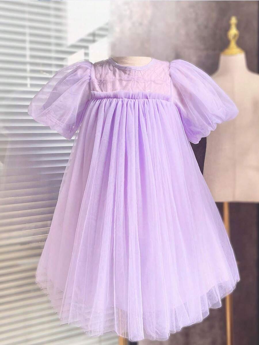 青少年女孩泡泡袖網紗覆蓋洋裝 - 紫色 - 查看 1