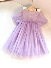 青少年女孩泡泡袖網紗覆蓋洋裝 - 紫色 - 查看 2